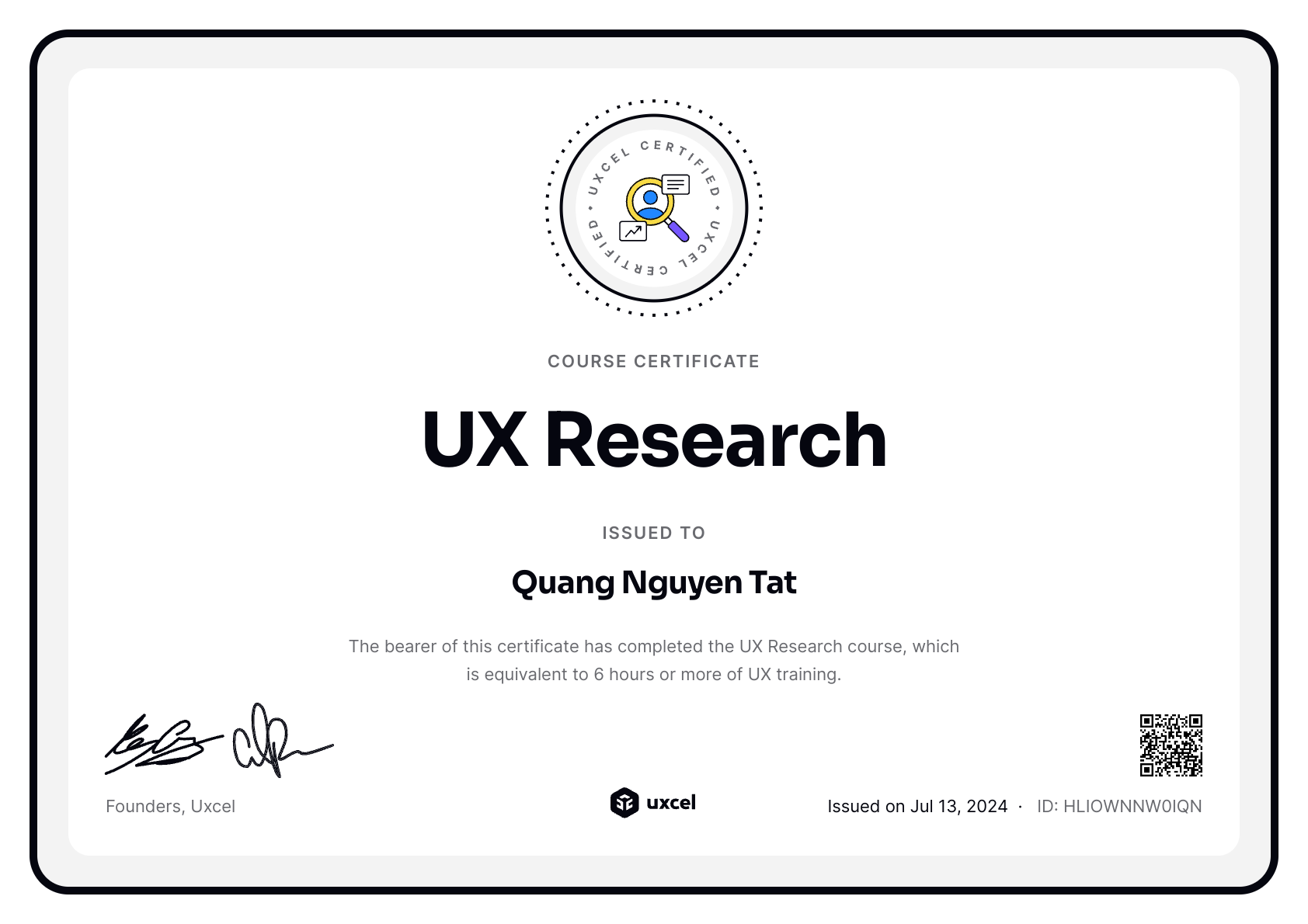 Quang Nguyen Tat's certificate